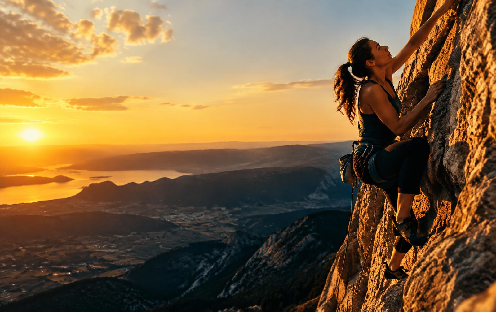 Woman rock climbing a cliff at sunset