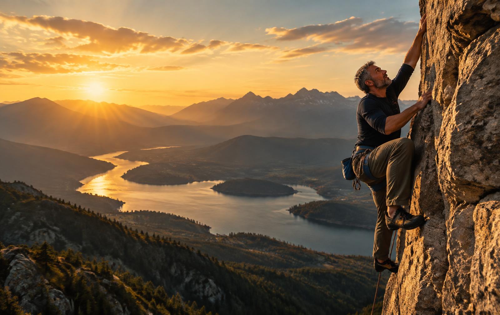 Man rock climbing a cliff at sunset
