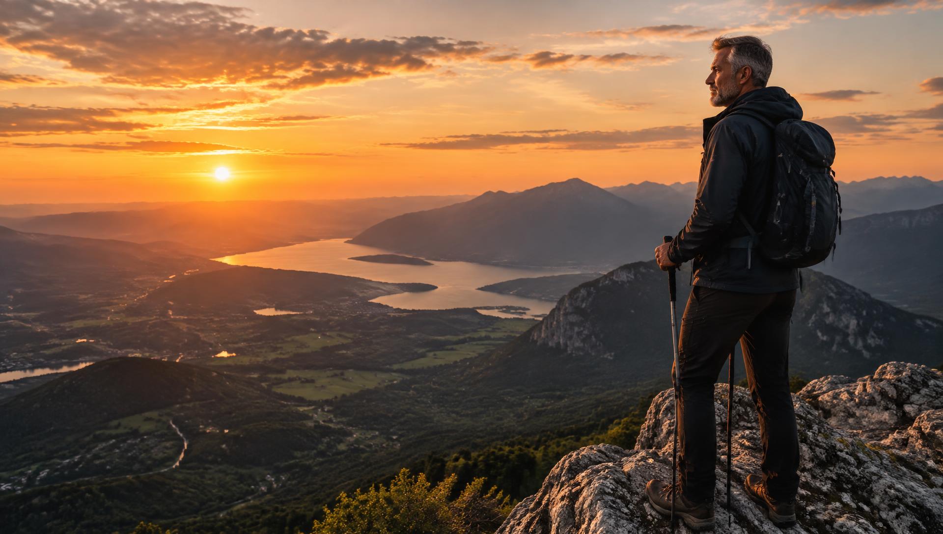 Man looking out from a mountain summit at sunset