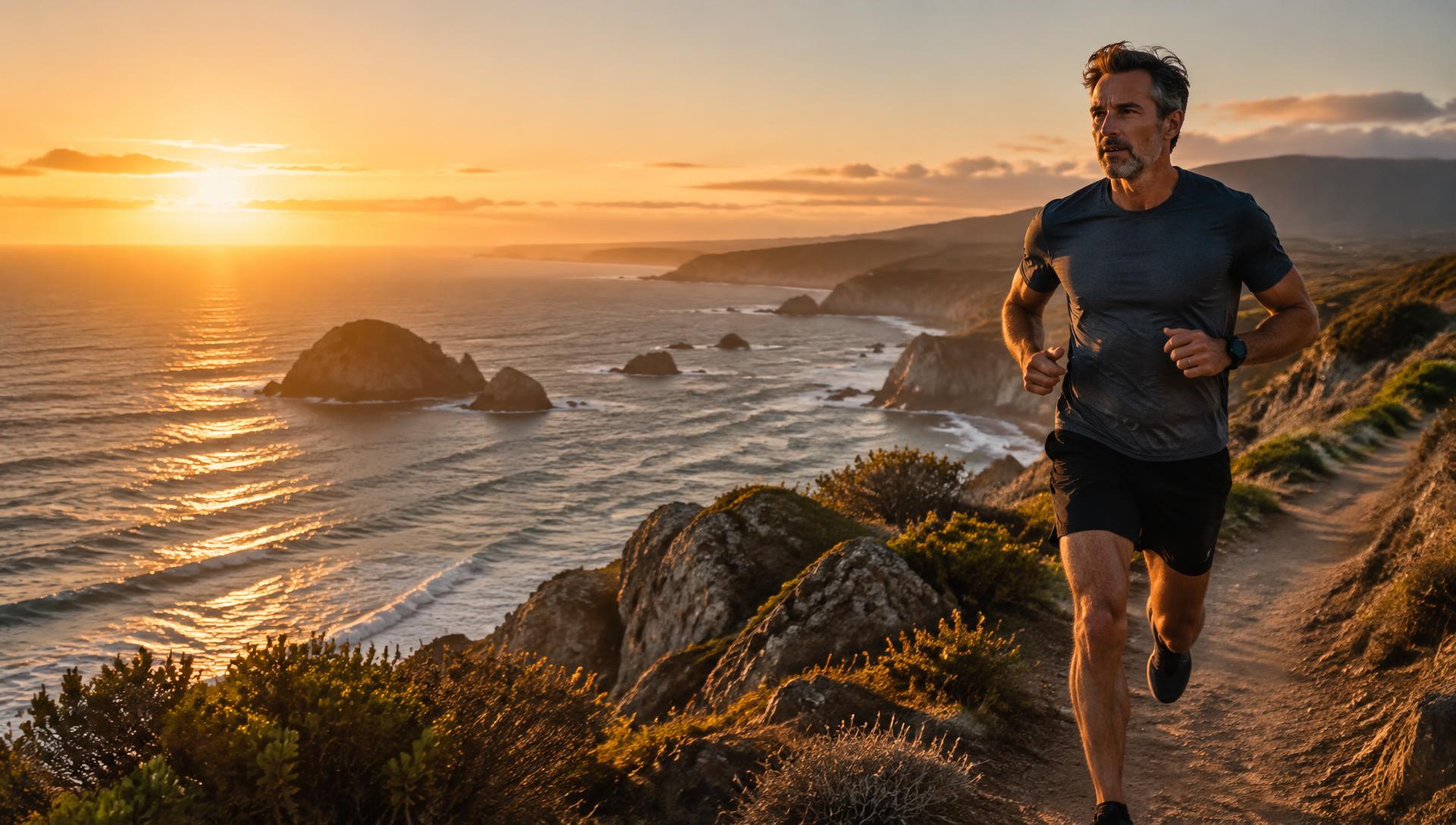 Man running a coastal trail at sunset